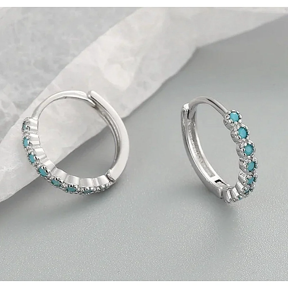 NEW Mens‎ Unisex Turquoise 925 Sterling Silver Hoop Earrings, 9mm